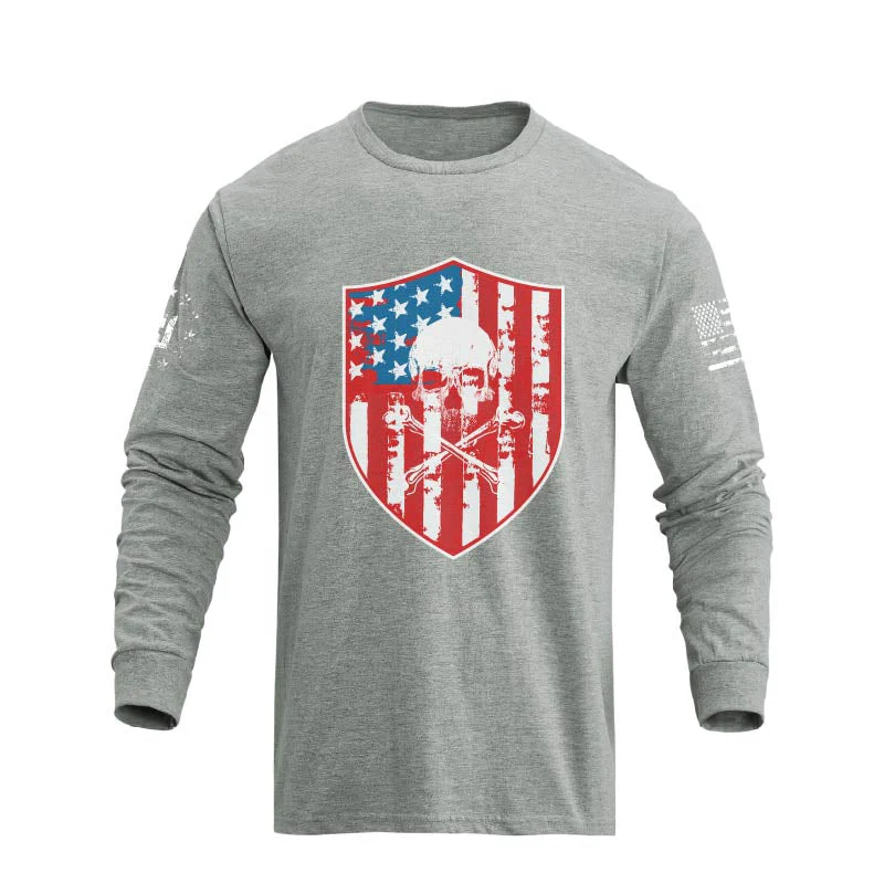 Men's American Flag Shield with Skull Long Sleeve Graphic T-Shirt - Image 15