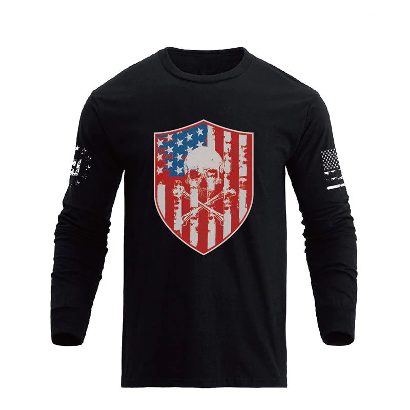 Men's American Flag Shield with Skull Long Sleeve Graphic T-Shirt - Image 7